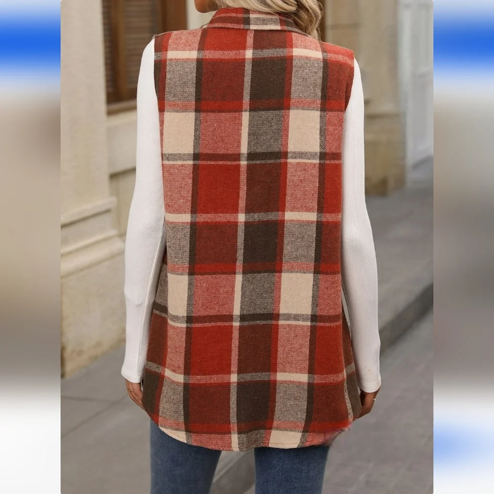 PRECIOUS Plaid Sleeveless Shirt/Vest/Shacket In Burnt Orange/Brown/Tan - Picture 4 of 5